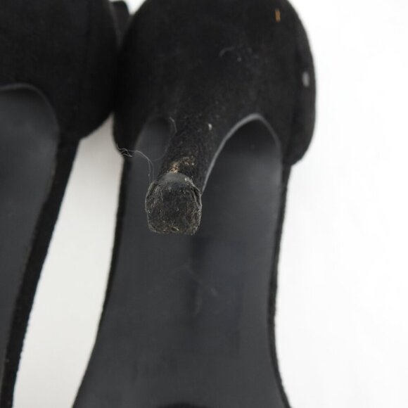 Black Strappy 4" Heels Faux Suede Flower Accents 3 Straps Heel - Picture 13 of 14